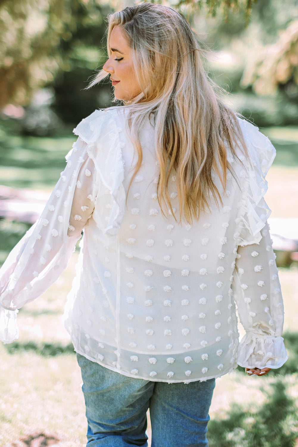 Plus Size Swiss Dot Ruffled Blouse-Jewearrings