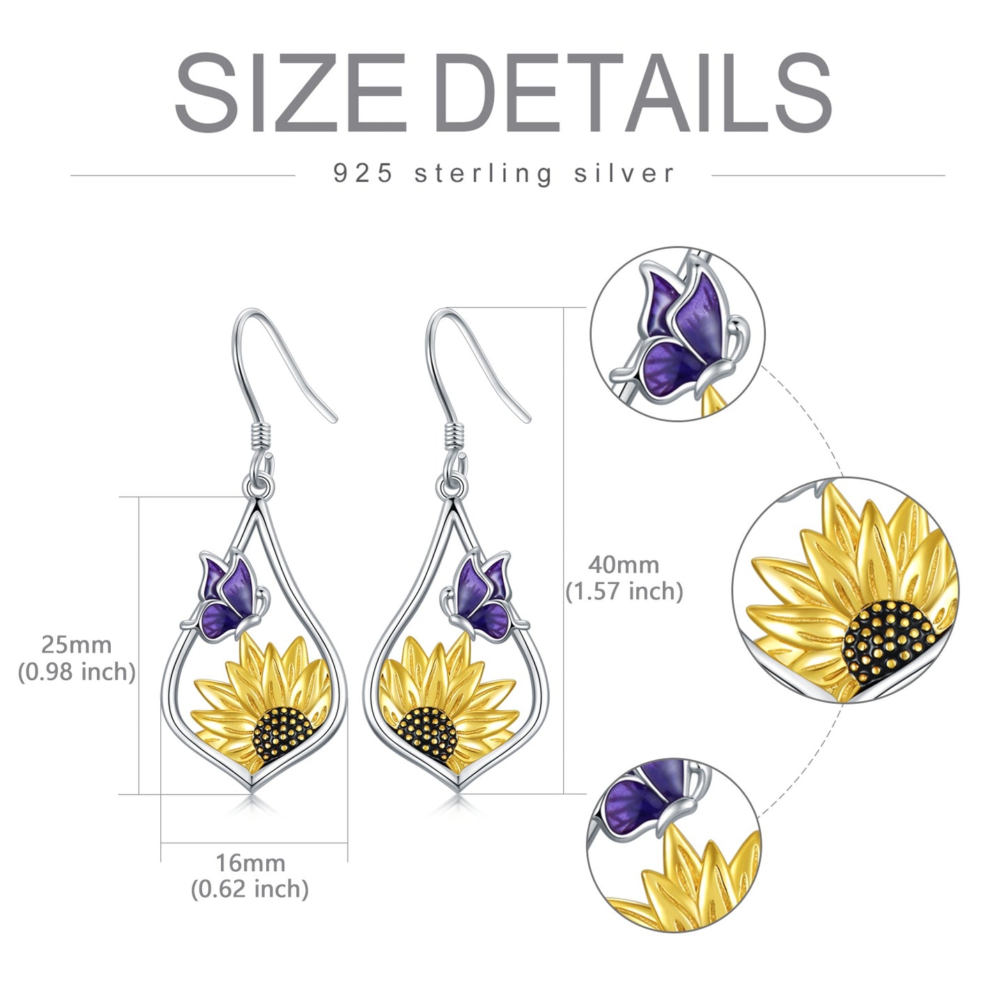 Sterling Silver Sunflower Dangle Earrings with Purple Butterfly Gift for Women-Jewearrings