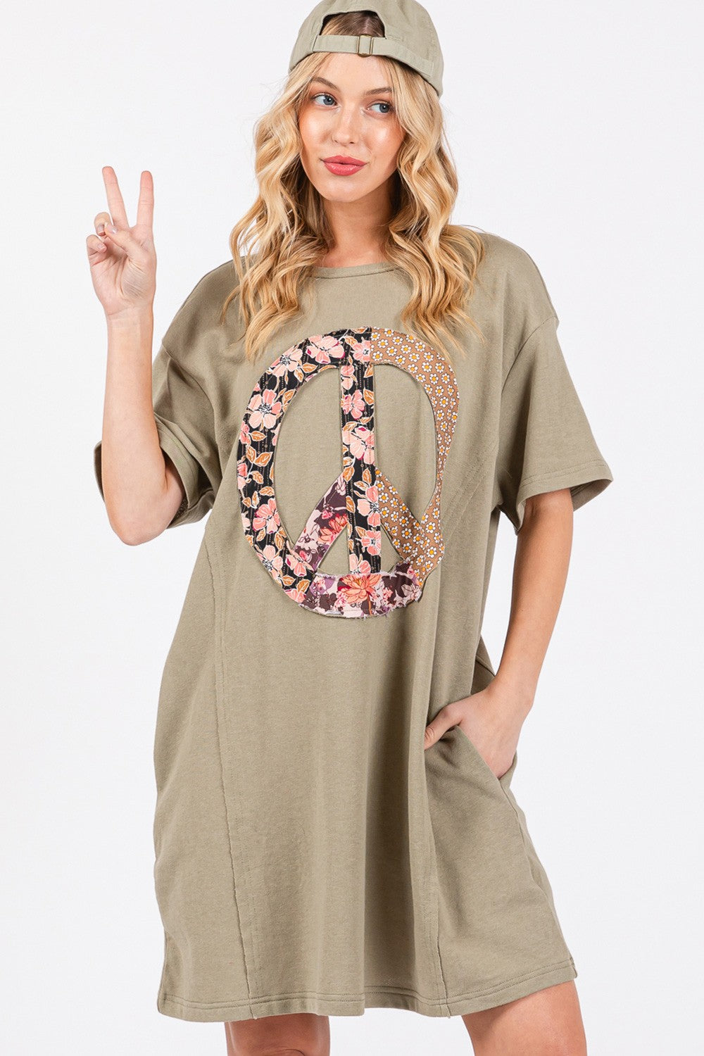 SAGE + FIG Full Size Peace Sign Applique Short Sleeve Tee Dress-Jewearrings