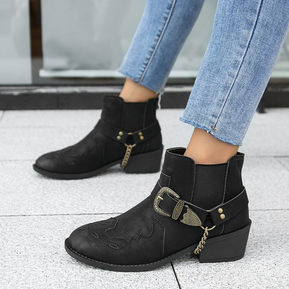 Chain PU Leather Block Heel Boots-Jewearrings