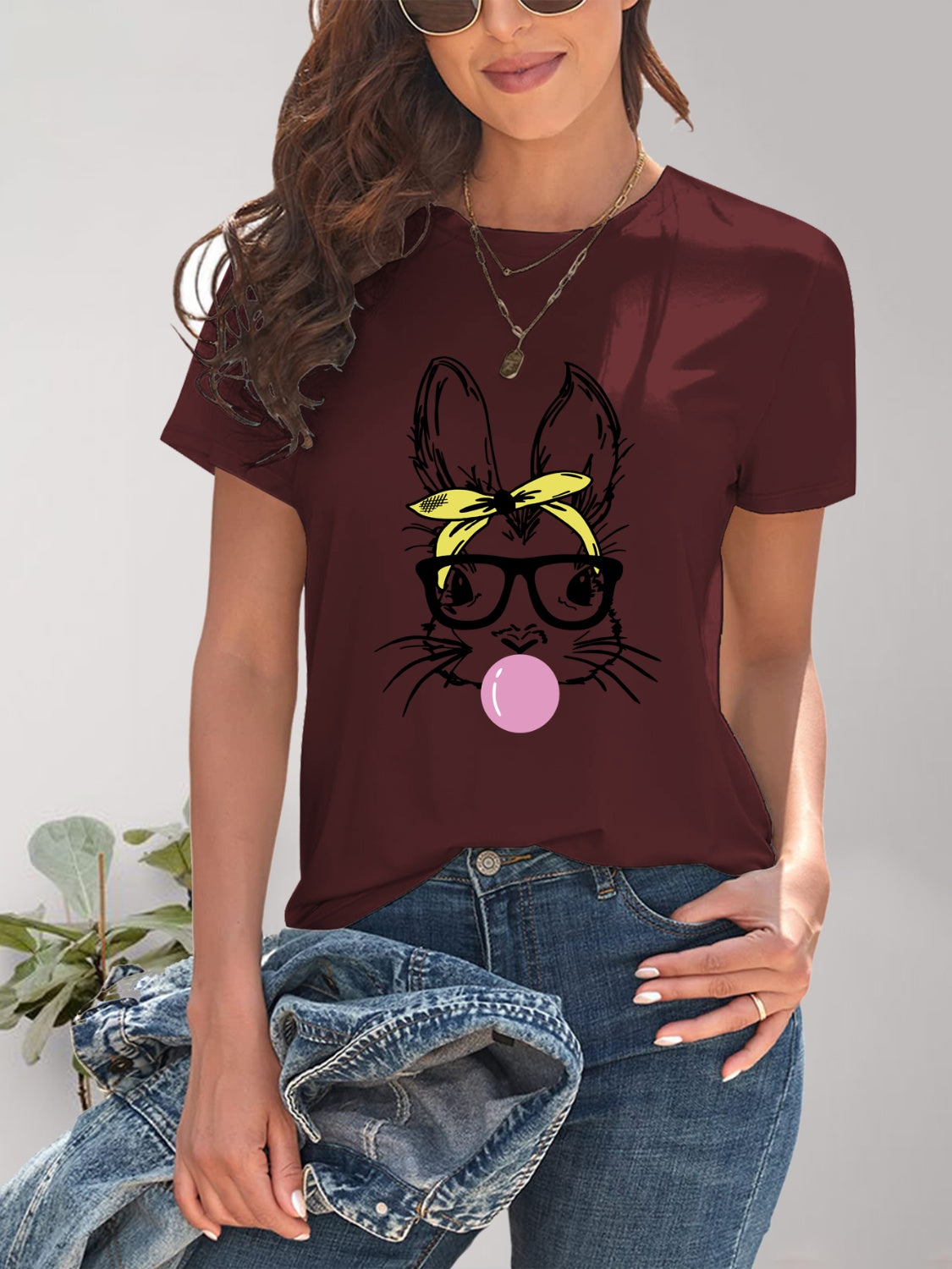 Rabbit Graphic Round Neck Short Sleeve T-Shirt-Jewearrings