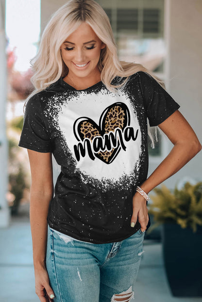 MAMA Leopard Heart Graphic Short Sleeve Tee-Jewearrings