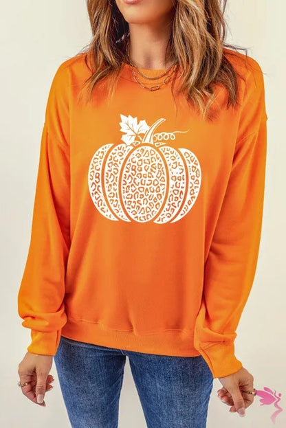 Round Neck Dropped Shoulder Pumpkin Graphic Sweatshirt-Jewearrings