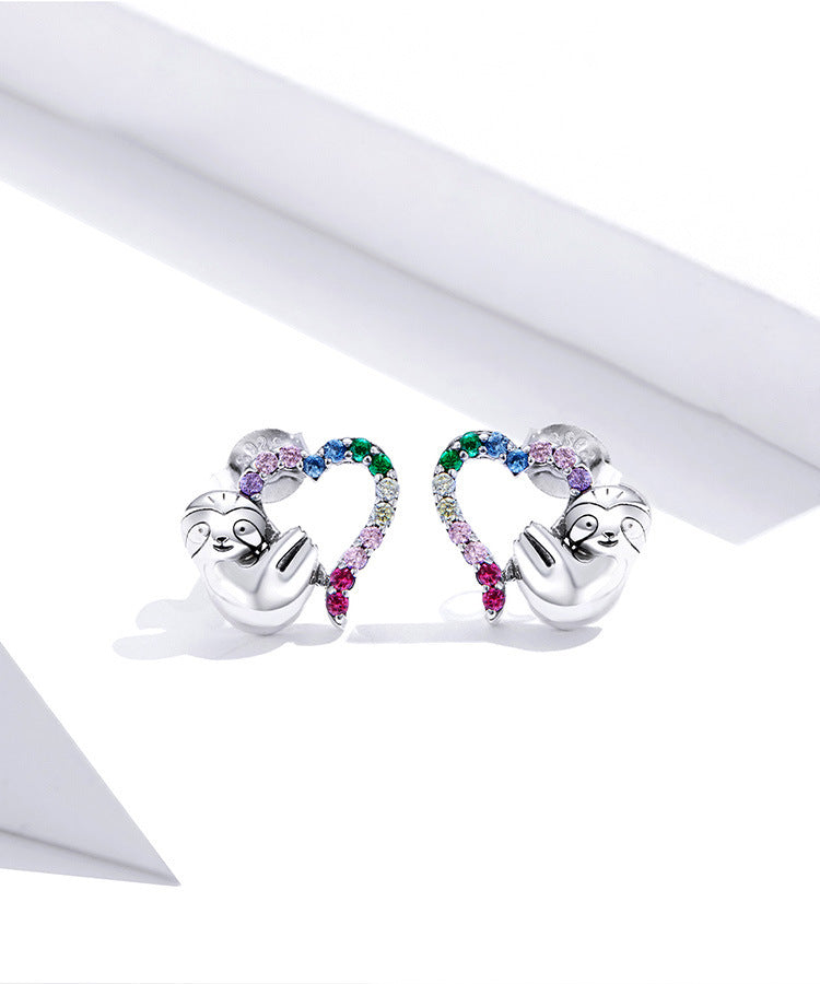 Colorful Love Cute Sloth 925 Sterling Silver Stud Earrings For Women-Jewearrings