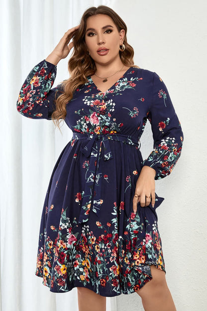 Melo Apparel Plus Size Floral Tie Waist Long Sleeve Dress-Jewearrings