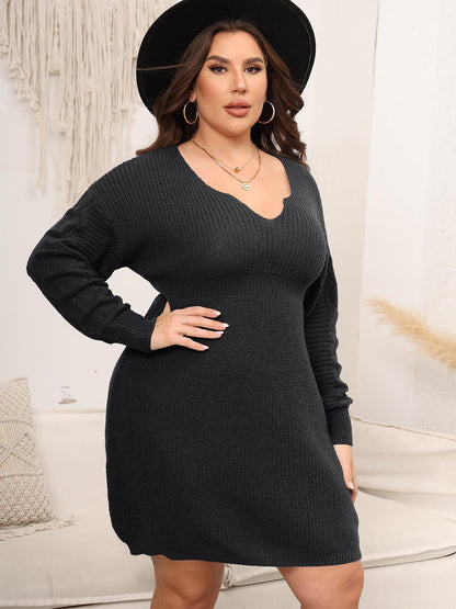 Plus Size Dropped Shoulder Long Sleeve Knit Mini Dress-Jewearrings