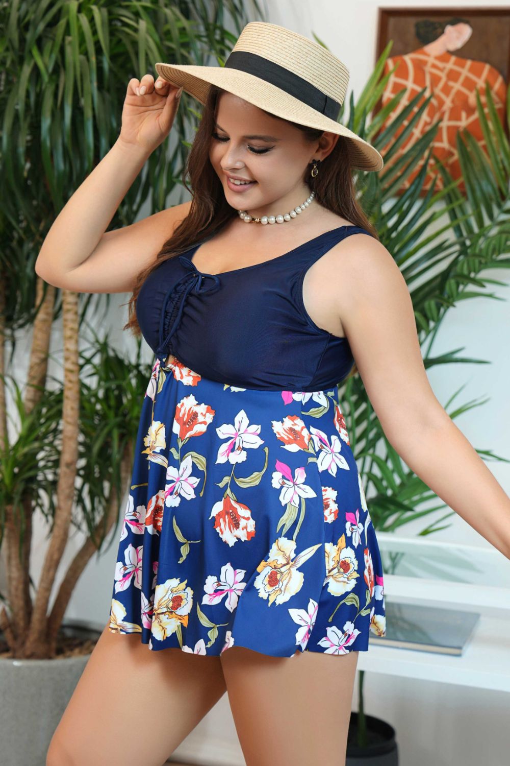 Plus Size Floral Ruched Sleeveless Swim Top-Jewearrings