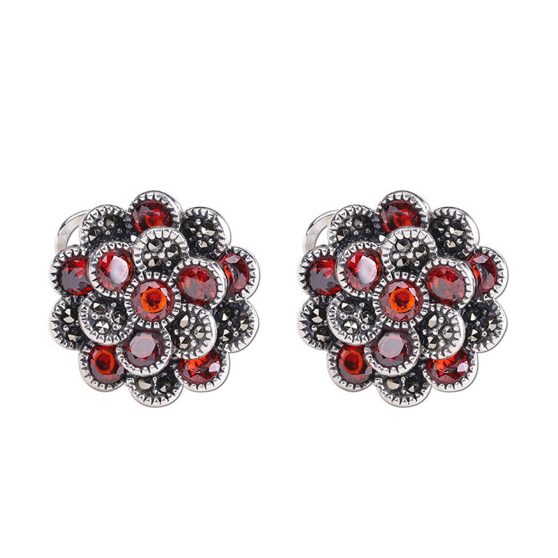 Ladies 925 Silver Jewelry Flower Red Zircon Earrings-Jewearrings