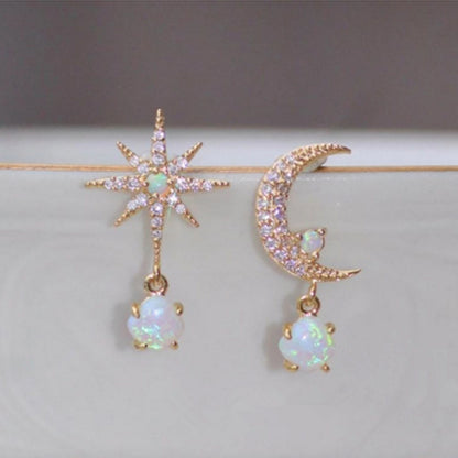 Asymmetric Star White Fire Opal Drop Earrings-Jewearrings