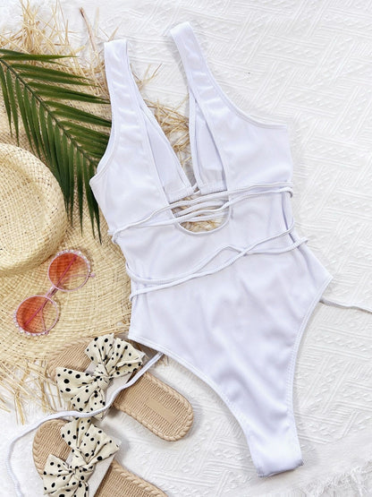 Ribbed Lace Up One-Piece Swimsuit-Jewearrings