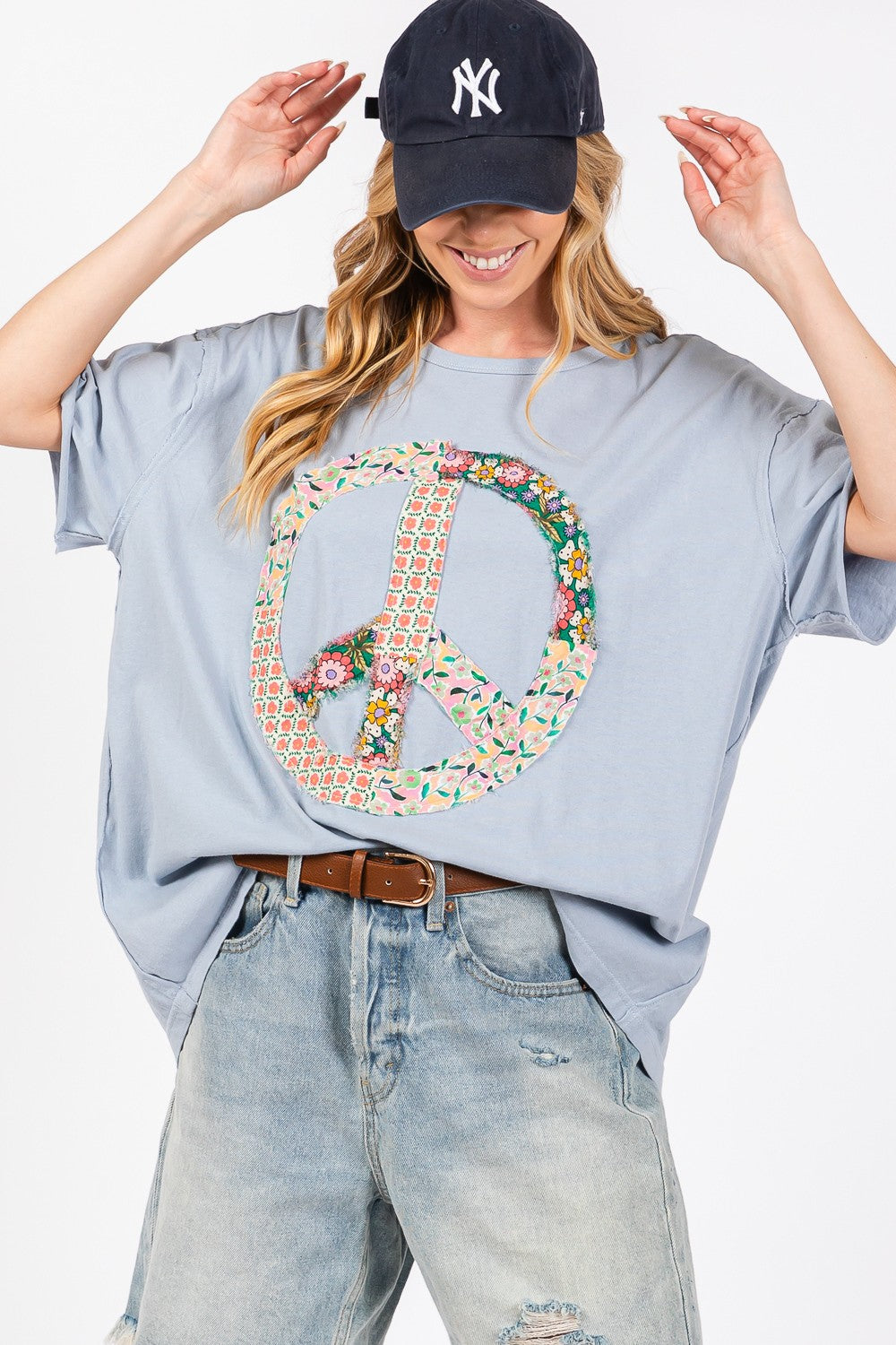 SAGE + FIG Peace Sign Round Neck Half Sleeve T-Shirt-Jewearrings