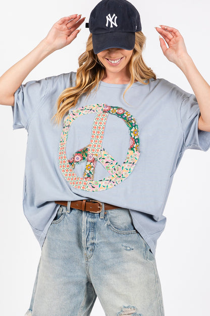 SAGE + FIG Peace Sign Round Neck Half Sleeve T-Shirt-Jewearrings