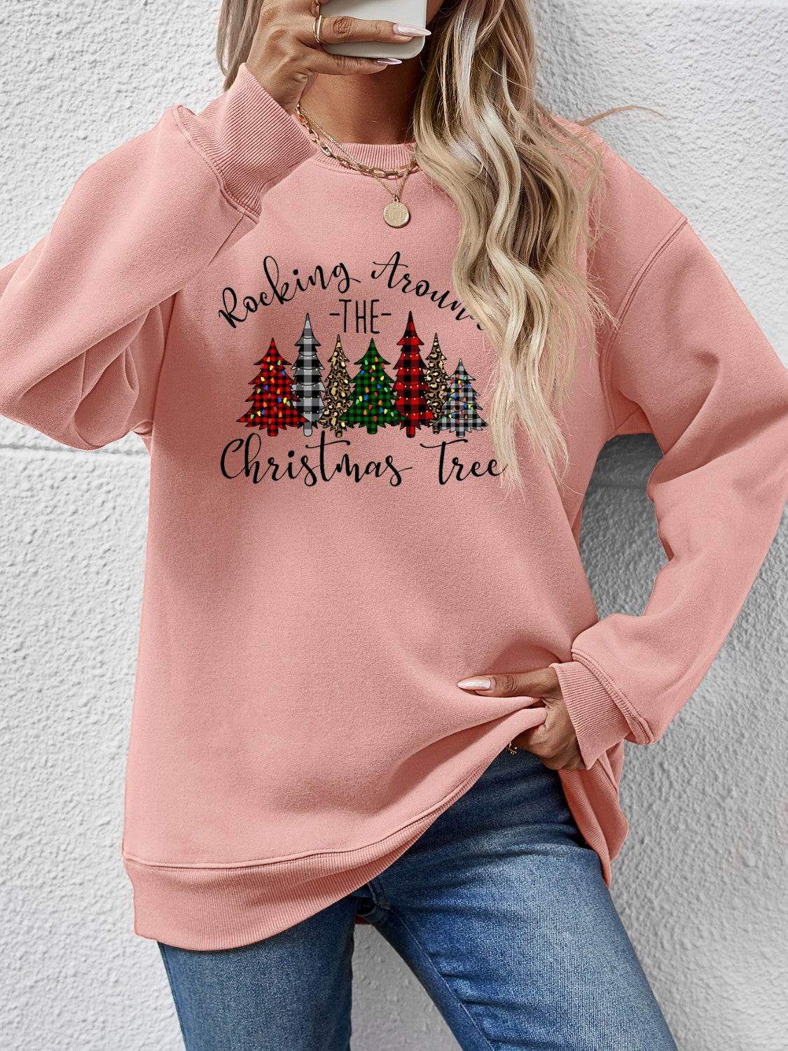 Christmas Tree Graphic Round Neck Sweatshirt-Jewearrings