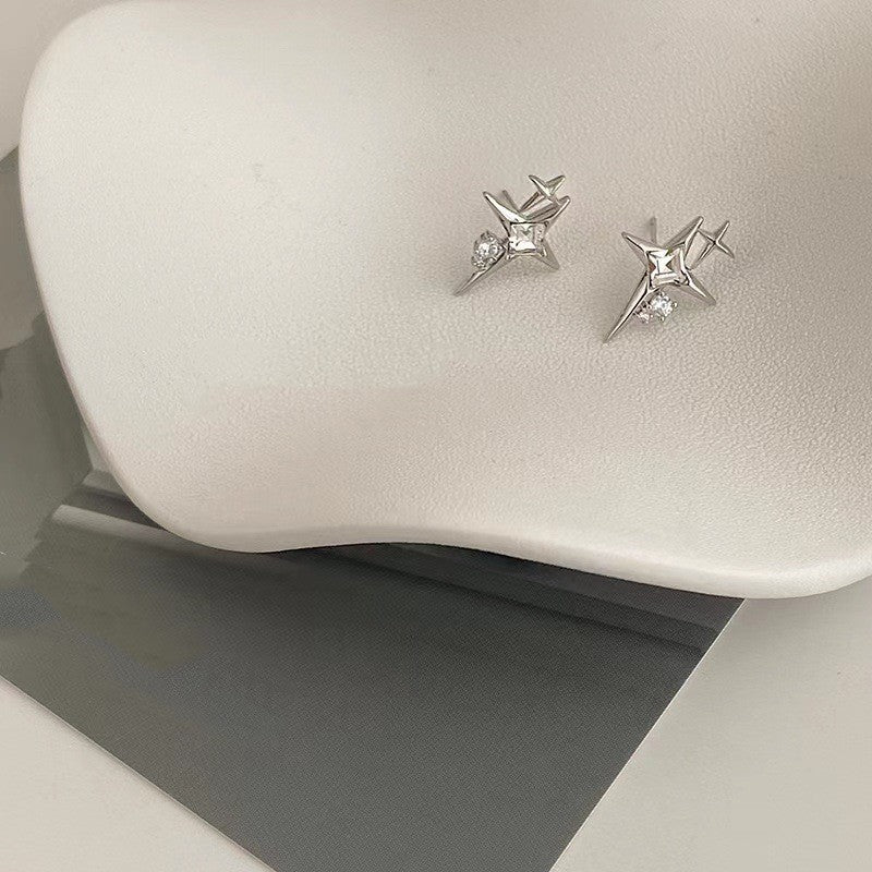 Four Awn Star Cross Zircon Earrings S925 Silver Needle Star Ornaments-Jewearrings