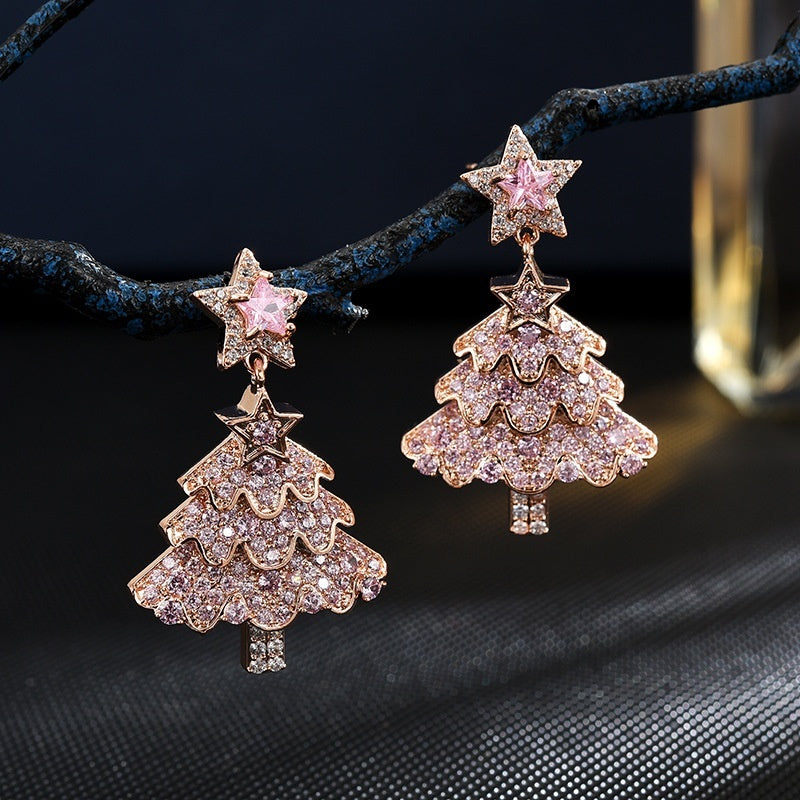 Sterling Silver Stud Micro Inlaid Zircon Christmas Tree Exquisite And Versatile Earrings For Women-Jewearrings