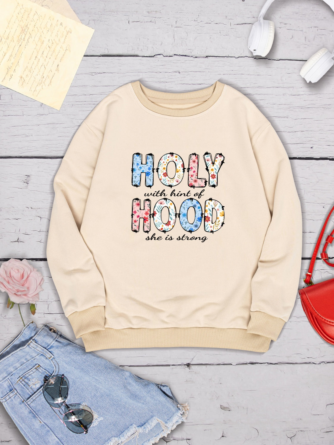 HOLY WITH HINT OF HOOD SHE IS STRONG Round Neck Sweatshirt-Jewearrings