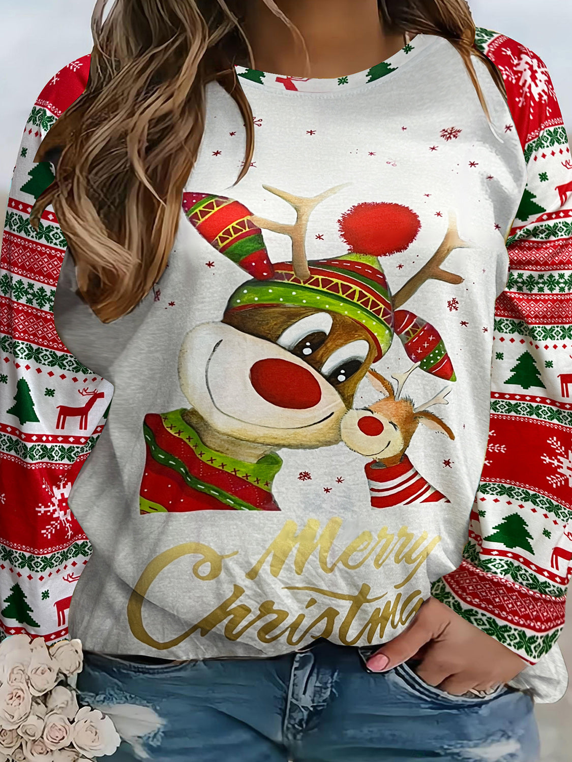 Plus Size Reindeer Graphic Round Neck Long Sleeve T-Shirt-Jewearrings