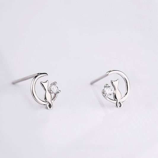 Women's Sterling Silver Moon Cat Stud Earrings Simple Rhinestone-Jewearrings