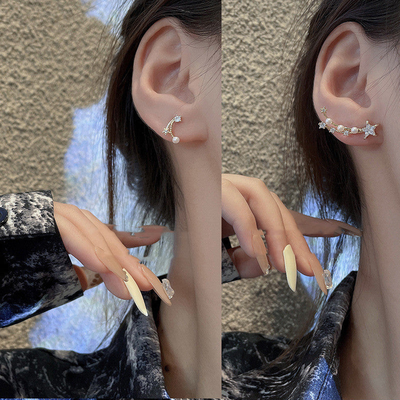 Korean Super Fairy Asymmetric Zircon Star Pearl Earrings Women-Jewearrings