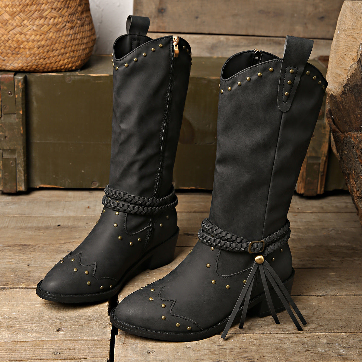 Studded PU Leather Block Heel Boots-Jewearrings