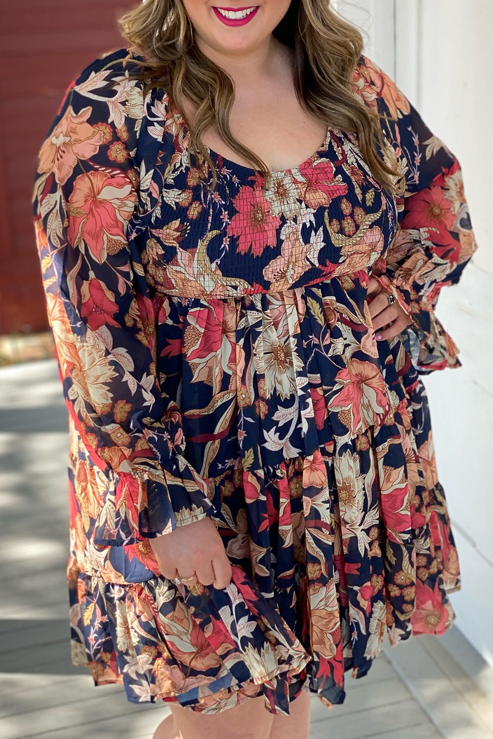 Plus Size Smocked Printed Long Sleeve Dress-Jewearrings