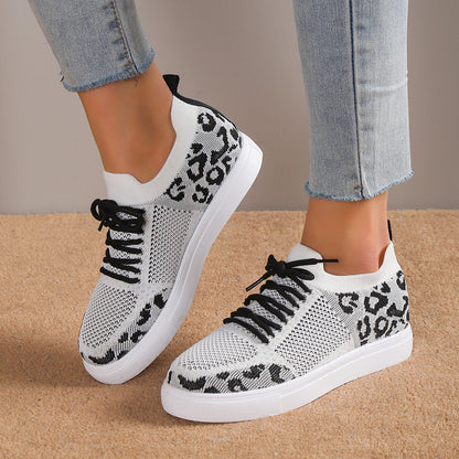 Lace-Up Leopard Flat Sneakers-Jewearrings