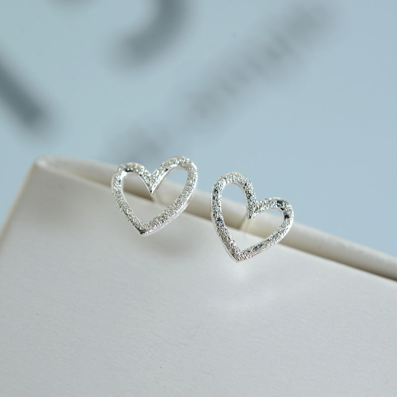 S925 Sterling Silver Earrings Hollow Frosted Heart-shaped Ear Studs-Jewearrings