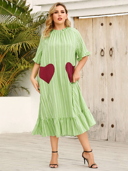 Plus Size Frill Heart Striped Half Sleeve Dress-Jewearrings