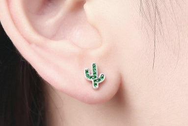 Green Cactus Sterling Silver Earrings-Jewearrings