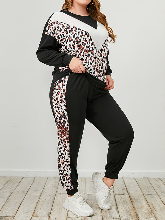 Plus Size Leopard Sweatshirt and Sweatpants Set-Jewearrings