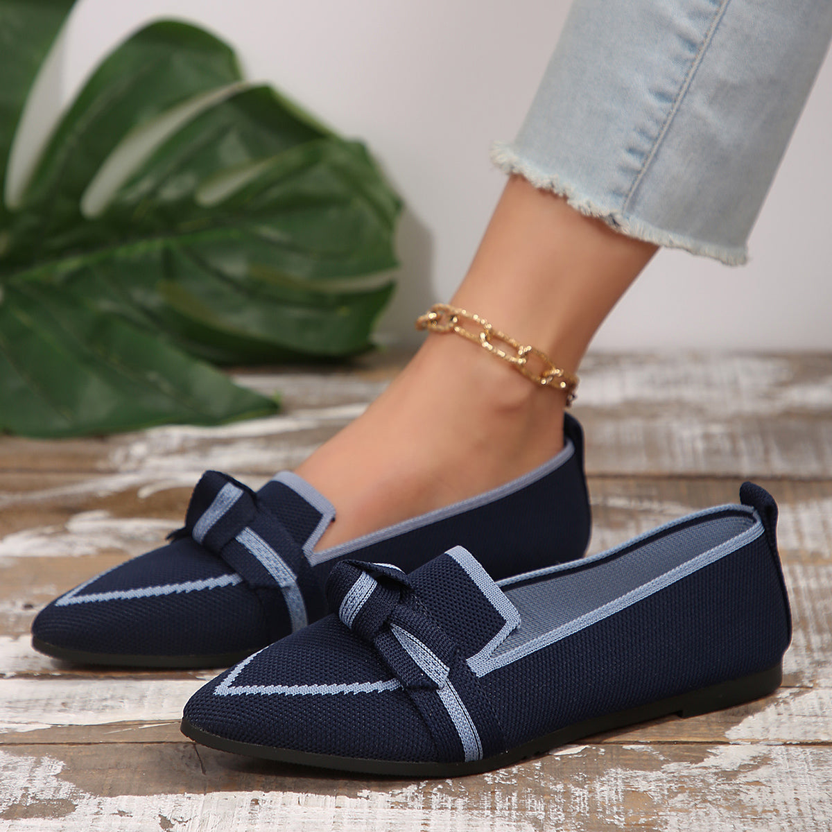 Bow Contrast Trim Point Toe Loafers-Jewearrings