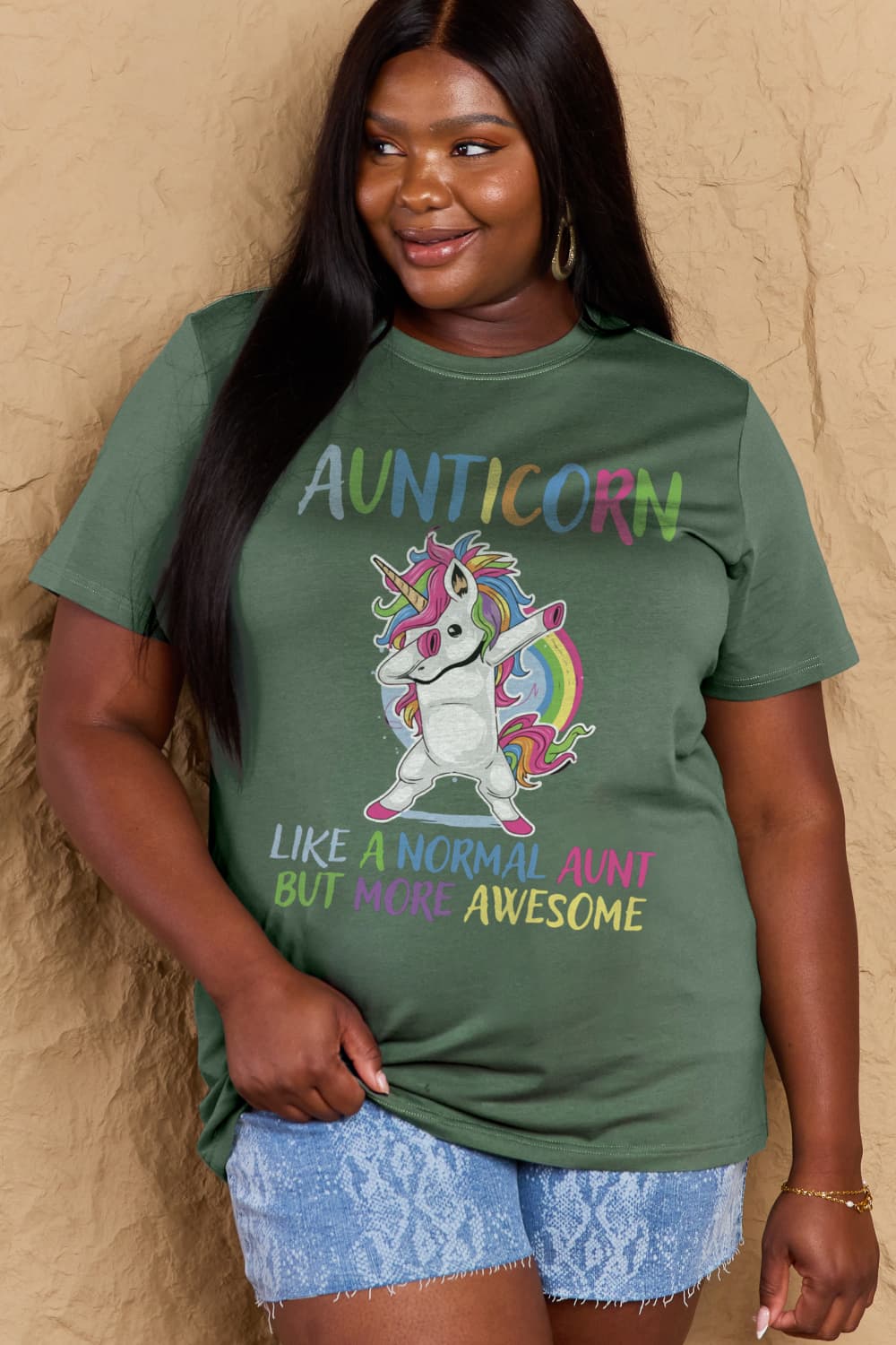 Simply Love Full Size AUNTICORN LIKE A NORMAL AUNT BUT MORE AWESOME Graphic Cotton Tee-Jewearrings