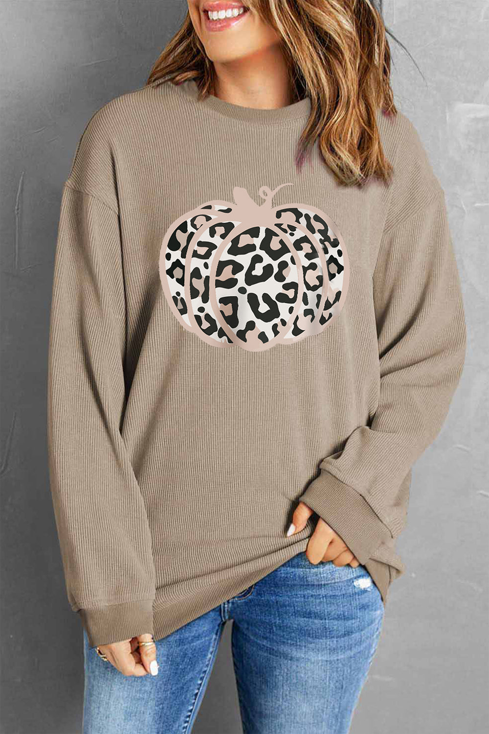 Leopard Pumpkin Graphic Ribbed Sweatshirt-Jewearrings