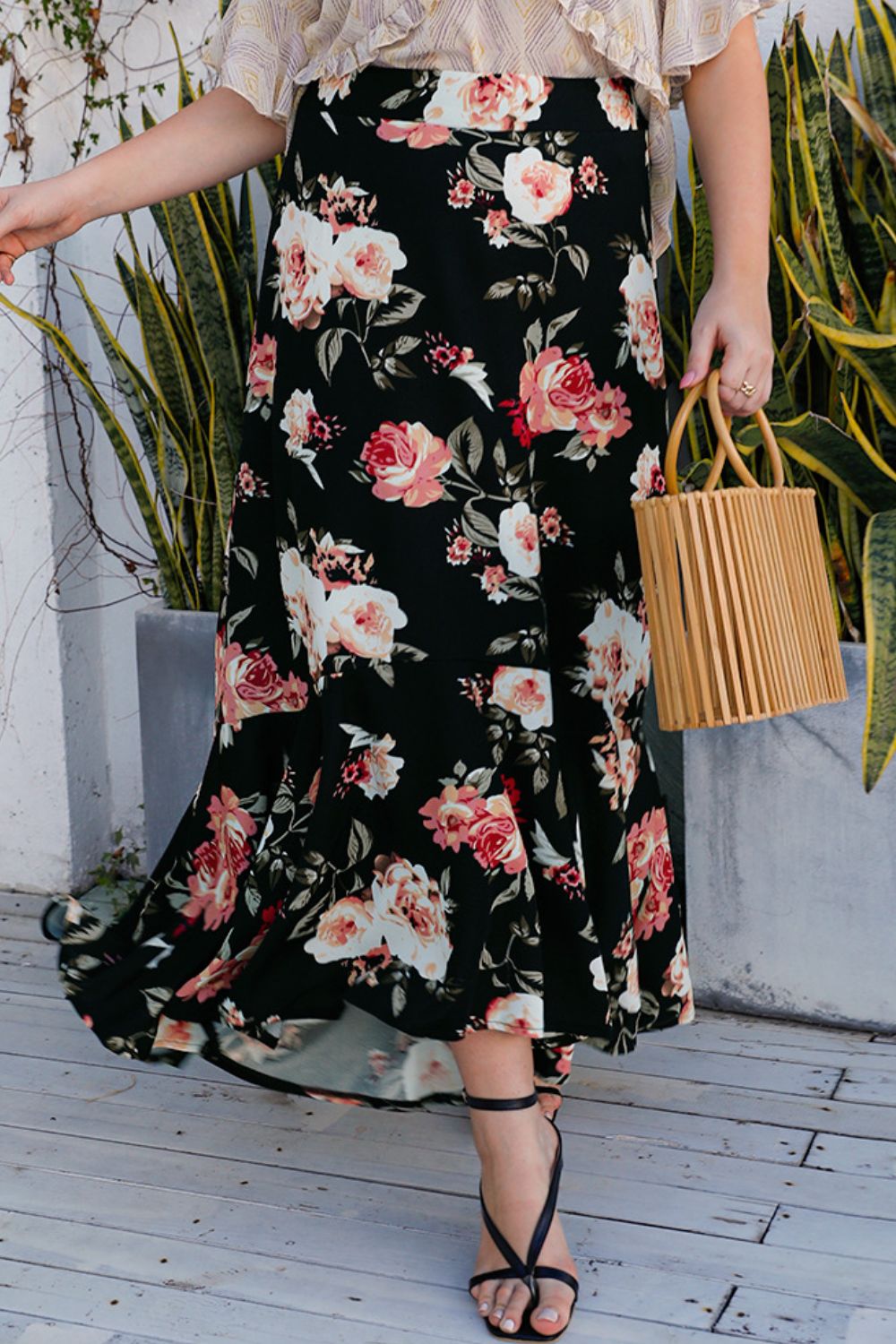 Plus Size Floral High-Rise Skirt-Jewearrings