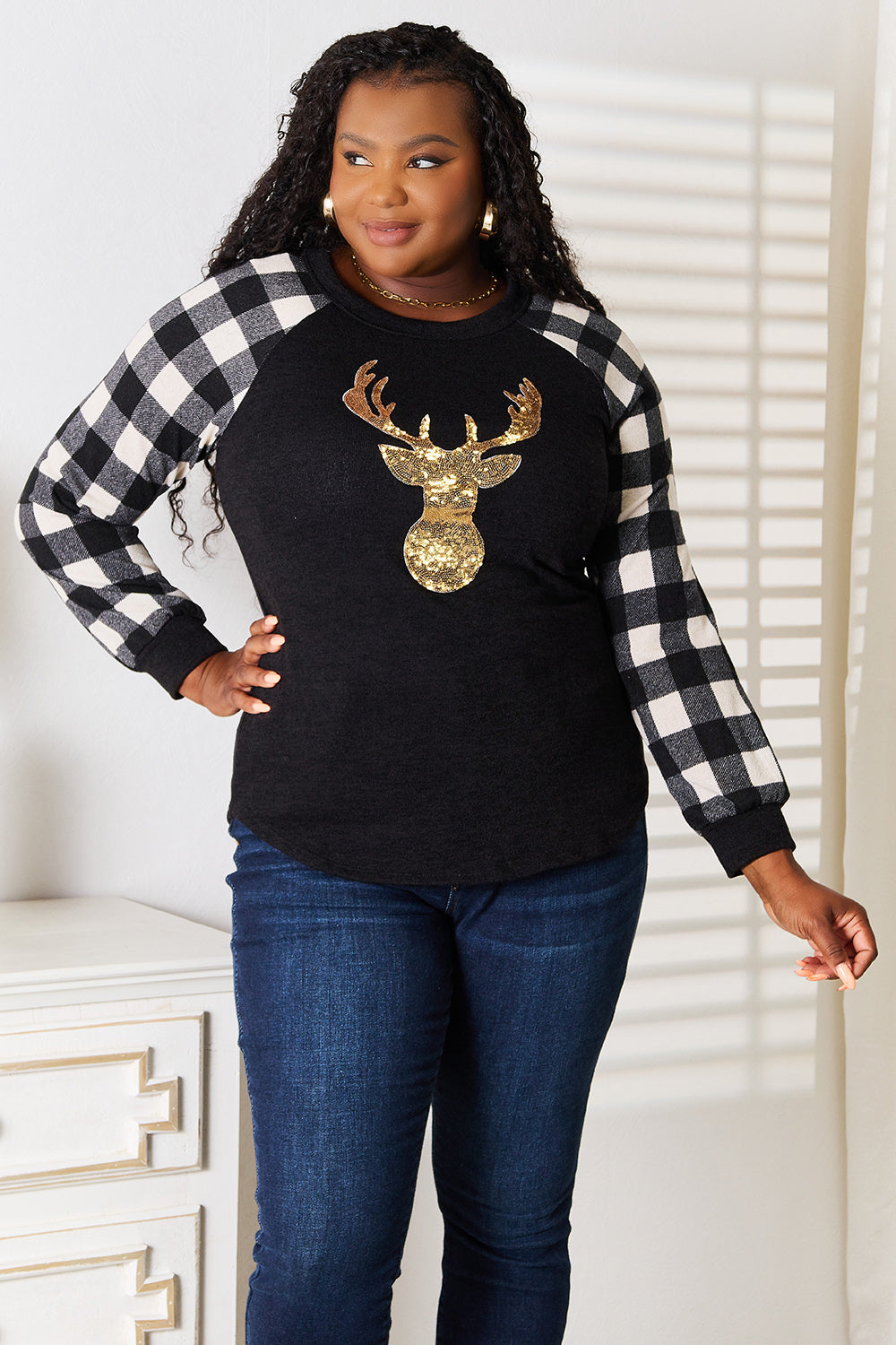 Heimish Full Size Sequin Reindeer Graphic Plaid Top-Jewearrings