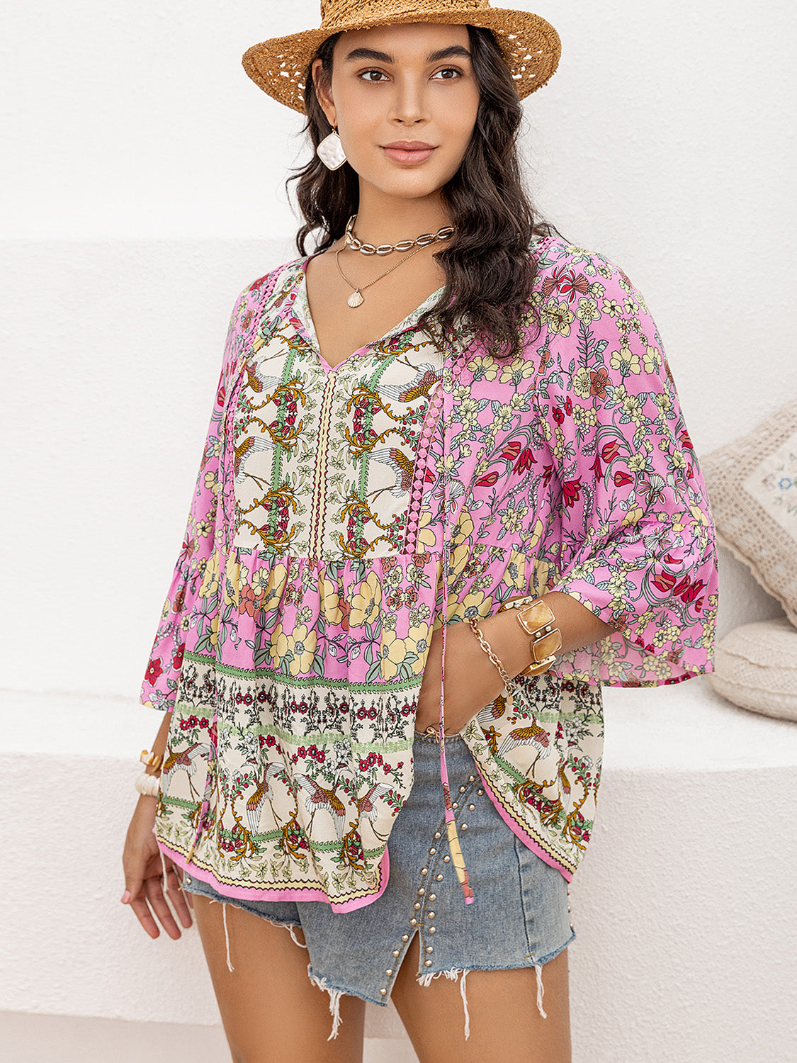 Plus Size Ruched Printed Tie Neck Three-Quarter Sleeve Blouse-Jewearrings