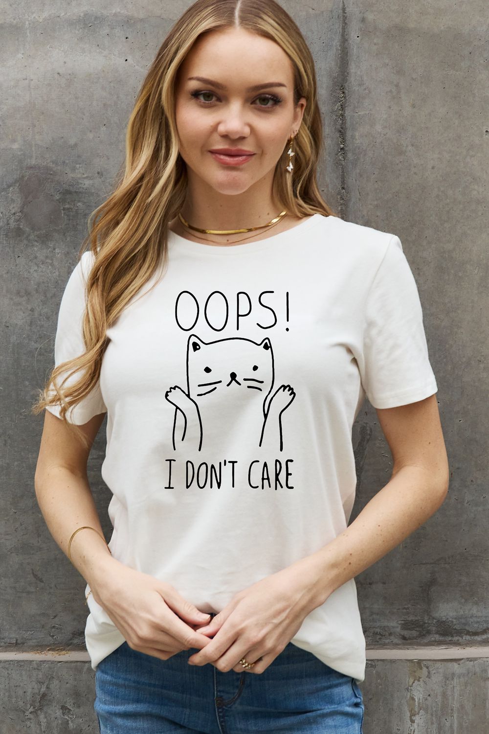 Simply Love Full Size OOPS I DON’T CARE Graphic Cotton Tee-Jewearrings