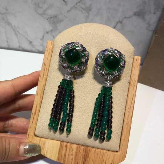 Fashion Long Tassel Synthetic Emerald Earrings-Jewearrings