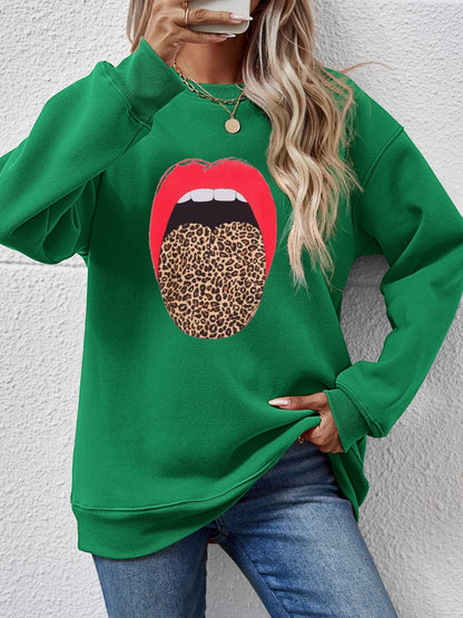 Leopard Lip Graphic Round Neck Sweatshirt-Jewearrings