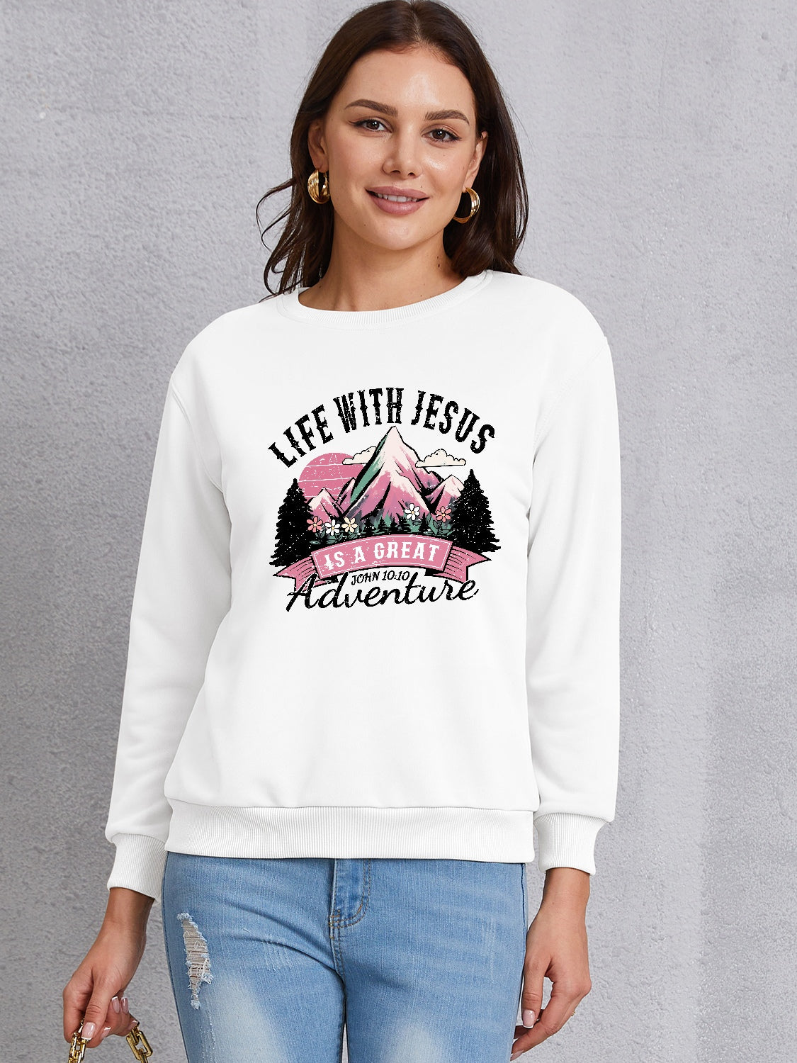 LIFE WITH JESUS IS A GREAT ADVENTURE Round Neck Sweatshirt-Jewearrings