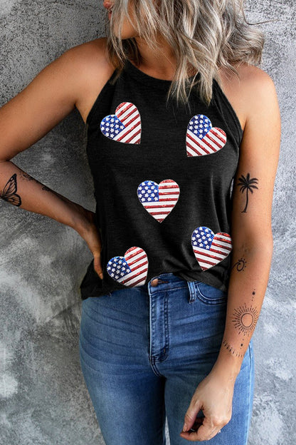 Heart US Flag Round Neck Grecian Neck Tank-Jewearrings