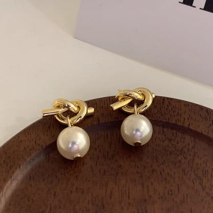 Knotted Metal Pearl Earrings Female-Jewearrings