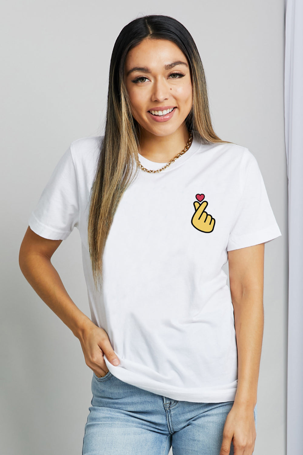 Simply Love Finger Heart Emoji Graphic Cotton T-Shirt-Jewearrings