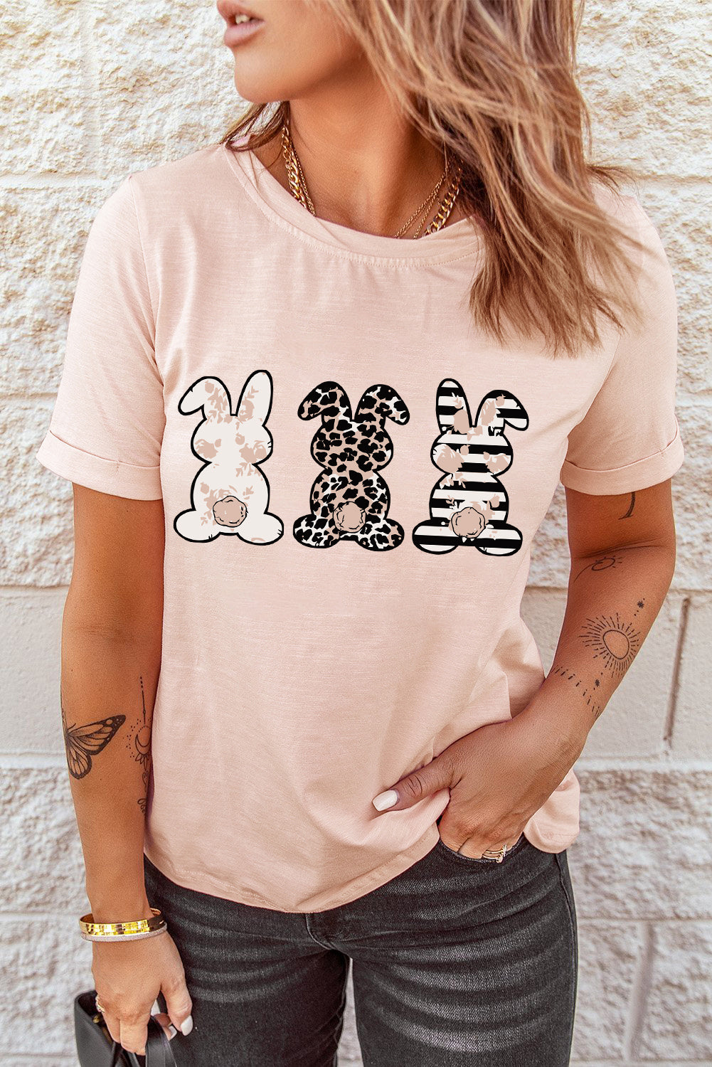 Easter Bunny Graphic Cuffed Tee Shirt-Jewearrings