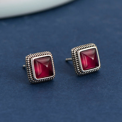 S925 Silver Vintage Court Style Simple Geometric Square Ruby Stud Earrings-Jewearrings