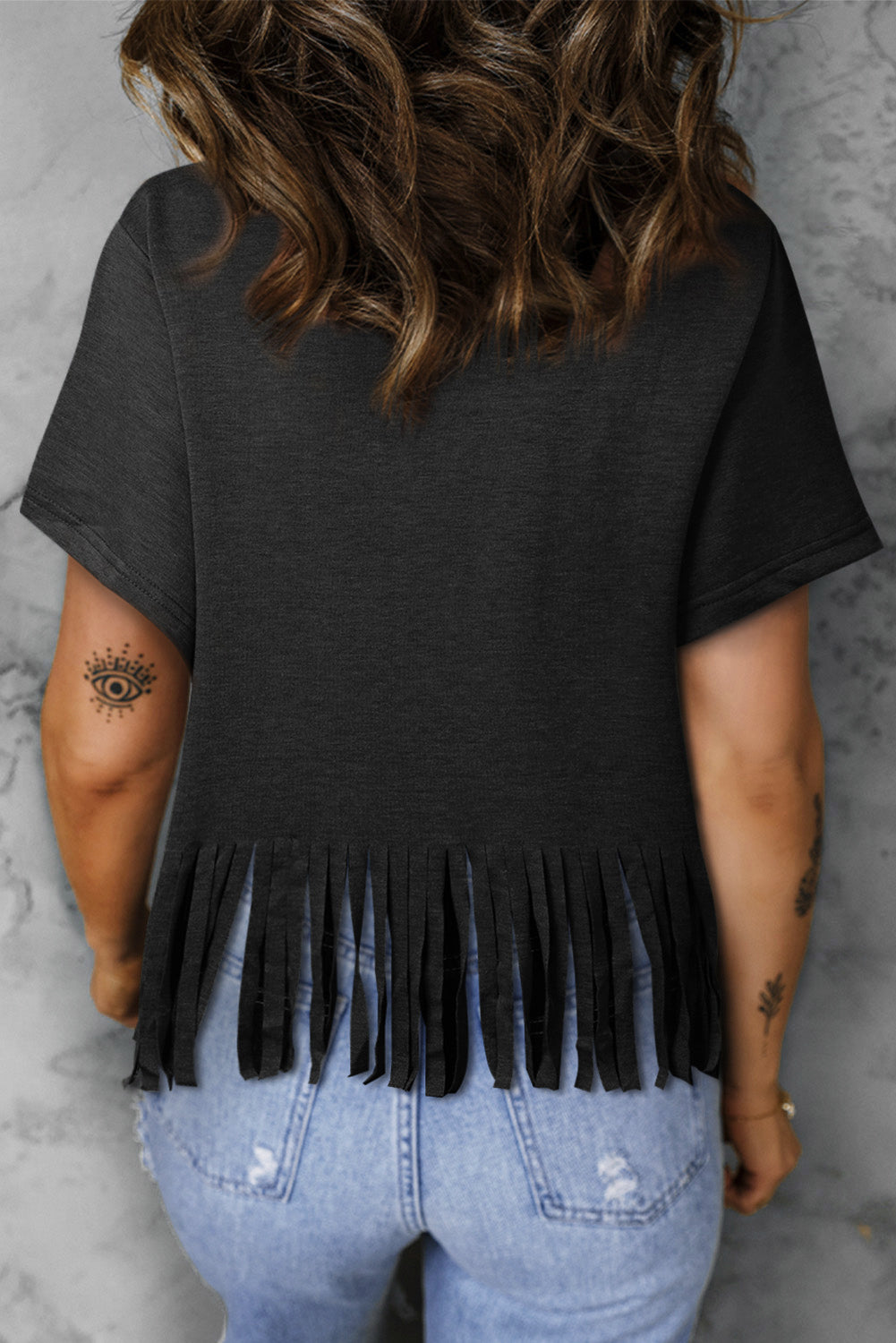 Graphic V-Neck Fringe Hem T-Shirt-Jewearrings