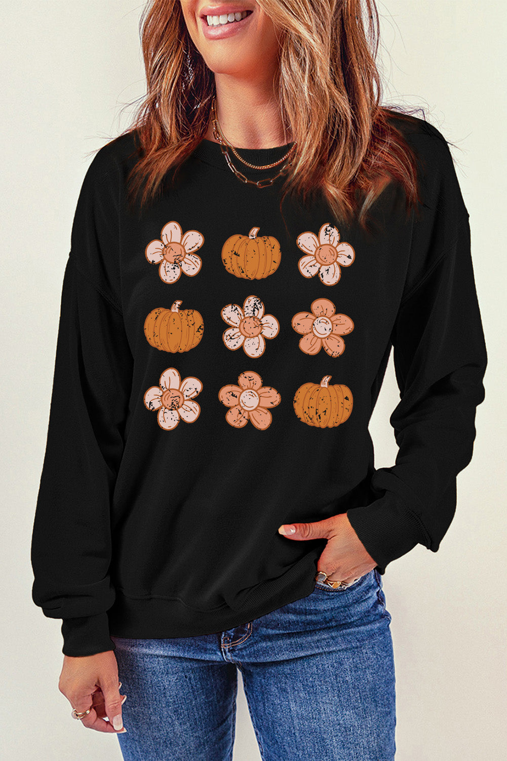 Simply Love Round Neck Long Sleeve Pumpkin & Flower Graphic Sweatshirt-Jewearrings