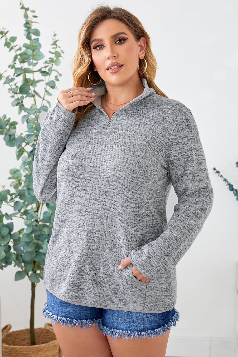 Plus Size Heathered Quarter Zip Pullover-Jewearrings