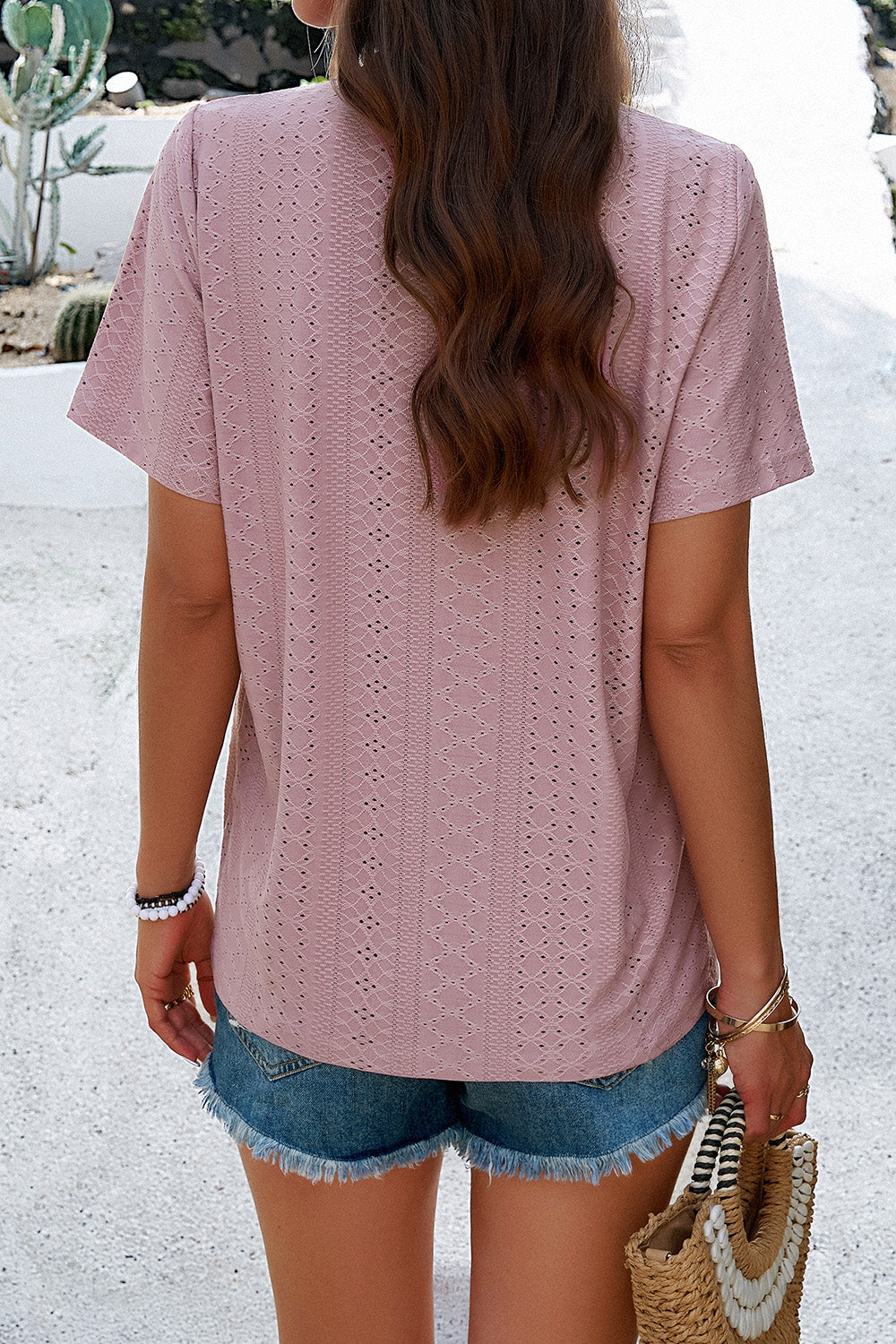 Eyelet Decorative Button V-Neck T-Shirt-Jewearrings