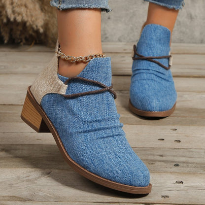 Contrast Canvas Low Heel Boots-Jewearrings